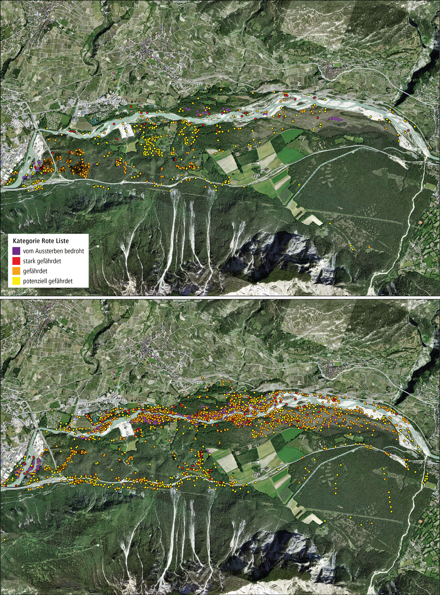 Karte der Artenveränderung im Pfynwald von 2000 bis 2010
